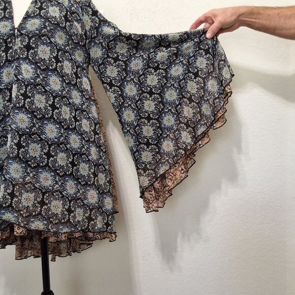 Free People Gabi Tunic Mini Dress/Top Blue Floral Retro Dramatic Hippie XS - Picture 6 of 10